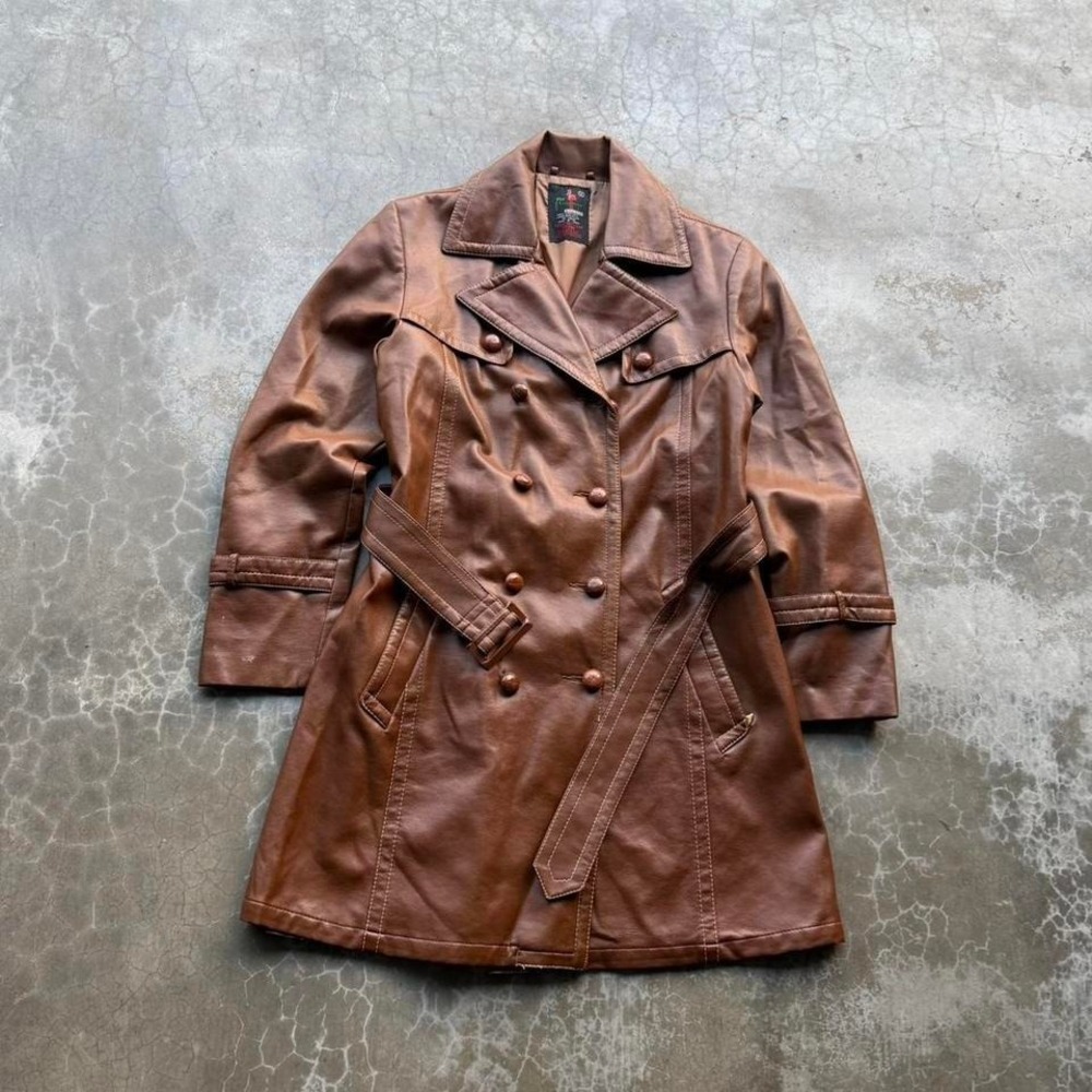True vintage 70's Flamingo Brown Faux Leather double breasted belted jacket